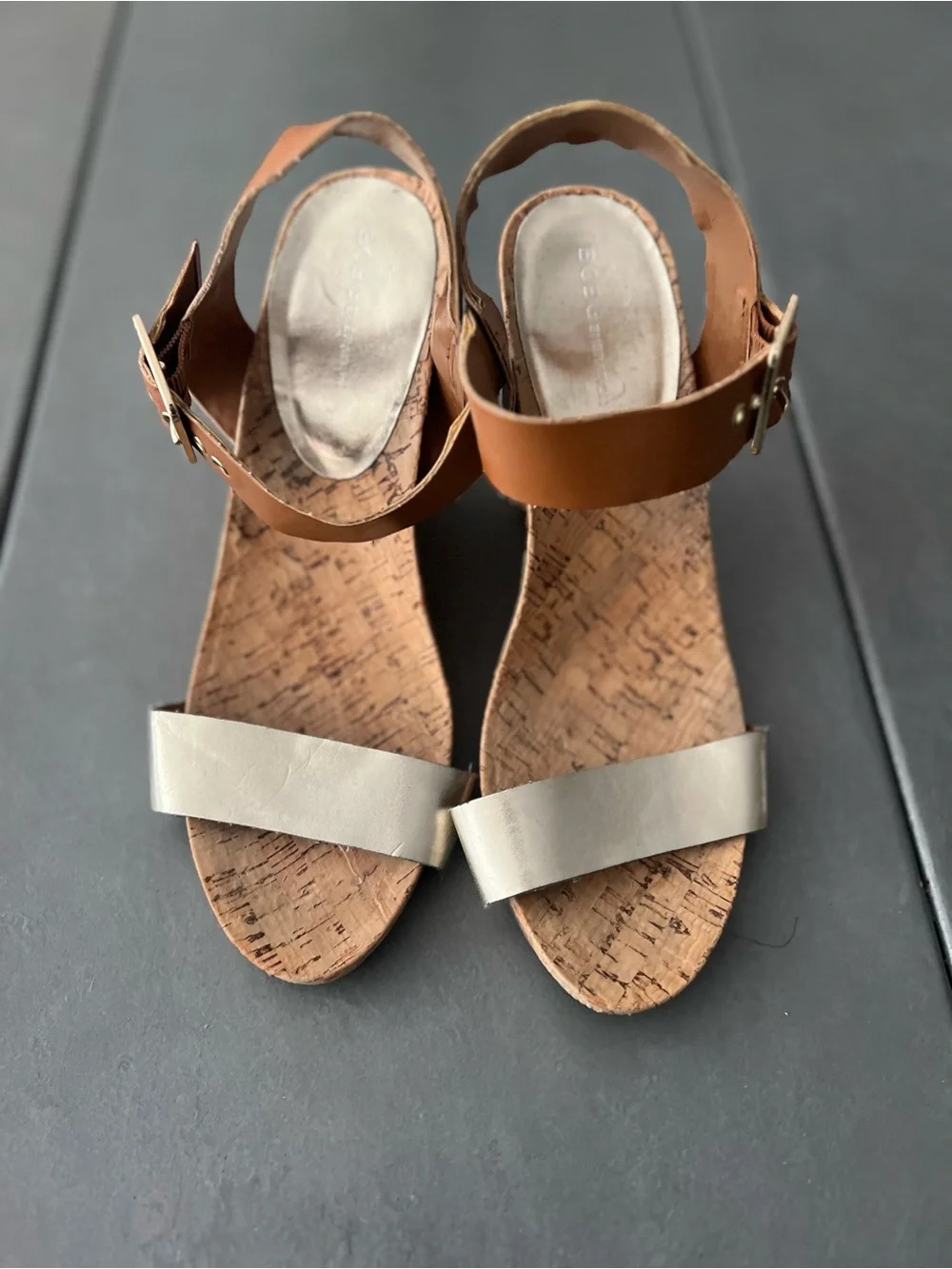 BCBGeneration Brown Cork Wedge Sandals Metallic Strap Casual Resort Size 10